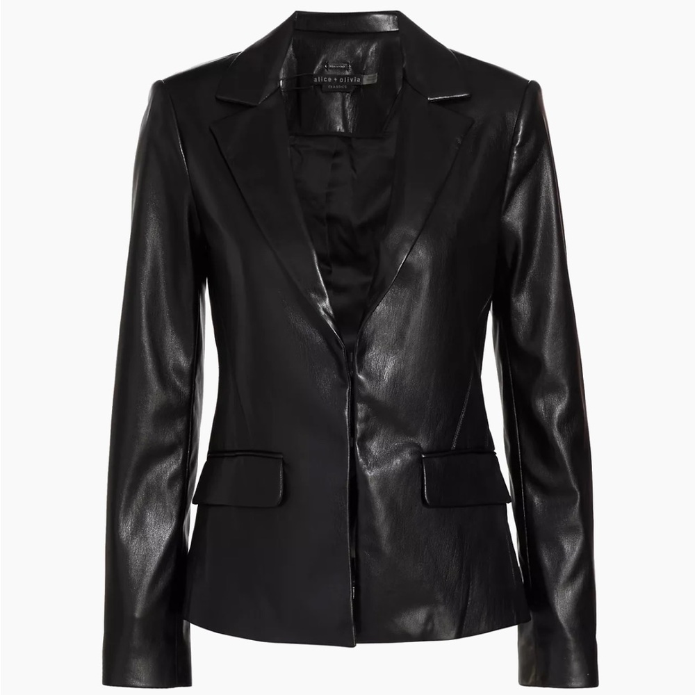 Alice + Olivia mya flap-pocket vegan leather blazer